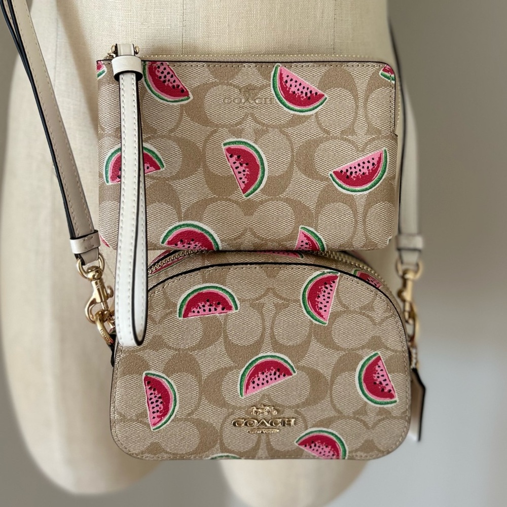 Coach Watermelon print “Serena” Mini Crossbody with matching Wristlet